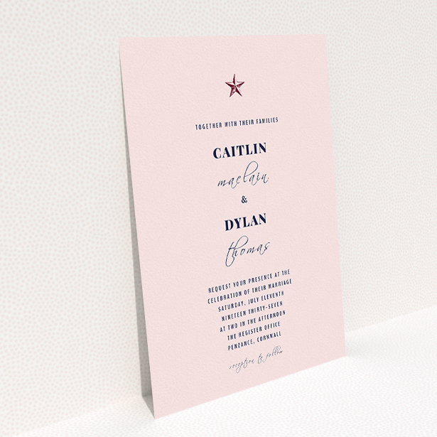 A wedding invite card design called "North Star". It is an A5 invite in a portrait orientation. "North Star" is available as a flat invite, with mainly pink colouring.
