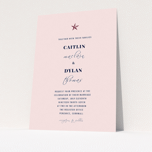 A wedding invite card design called "North Star". It is an A5 invite in a portrait orientation. "North Star" is available as a flat invite, with mainly pink colouring.