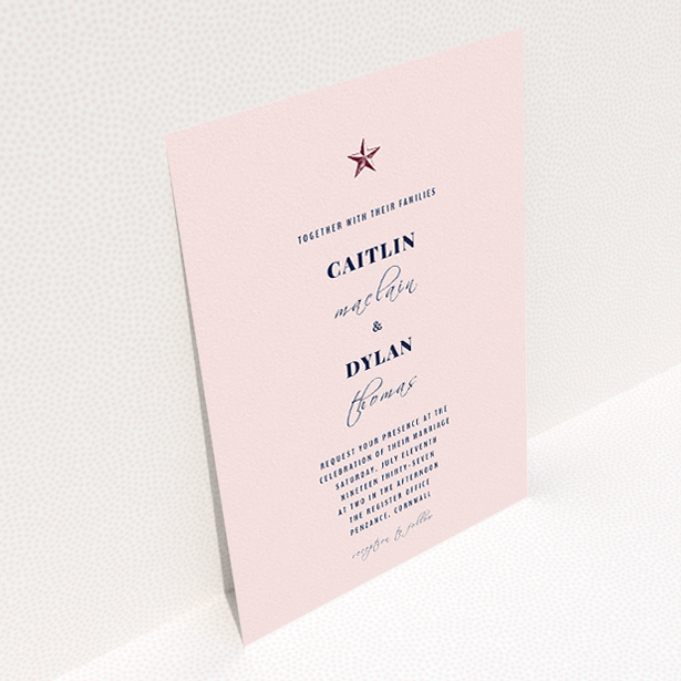 A wedding invite card design called "North Star". It is an A5 invite in a portrait orientation. "North Star" is available as a flat invite, with mainly pink colouring.