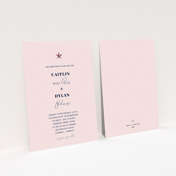 A wedding invite card design called "North Star". It is an A5 invite in a portrait orientation. "North Star" is available as a flat invite, with mainly pink colouring.