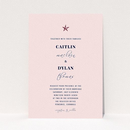 A wedding invite card template titled "North Star". It is an A6 invite in a portrait orientation. "North Star" is available as a flat invite, with mainly pink colouring.