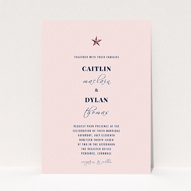 A wedding invite card template titled "North Star". It is an A6 invite in a portrait orientation. "North Star" is available as a flat invite, with mainly pink colouring.