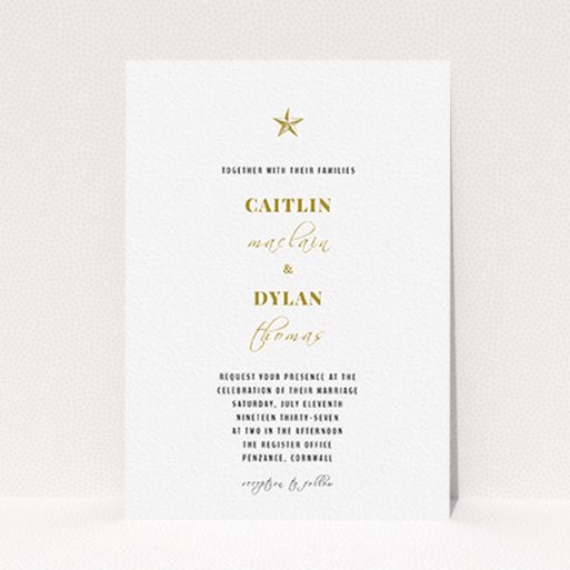 A wedding invite card named "North Star". It is an A6 invite in a portrait orientation. "North Star" is available as a flat invite, with tones of white and gold.