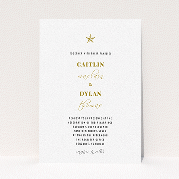 A wedding invite card named "North Star". It is an A6 invite in a portrait orientation. "North Star" is available as a flat invite, with tones of white and gold.