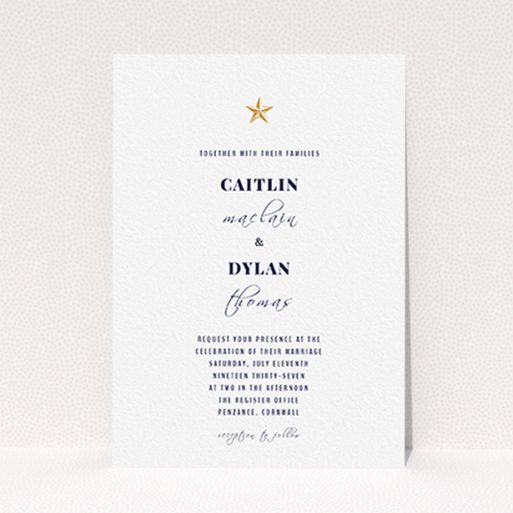 A wedding invite card design titled "North Star". It is an A6 invite in a portrait orientation. "North Star" is available as a flat invite, with tones of white and gold.