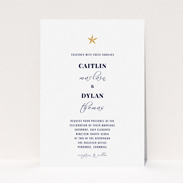 A wedding invite card design titled "North Star". It is an A6 invite in a portrait orientation. "North Star" is available as a flat invite, with tones of white and gold.