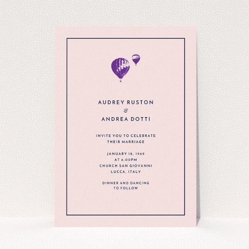 A wedding invite card called "Off and away". It is an A5 invite in a portrait orientation. "Off and away" is available as a flat invite, with tones of pink, purple and midnight blue.