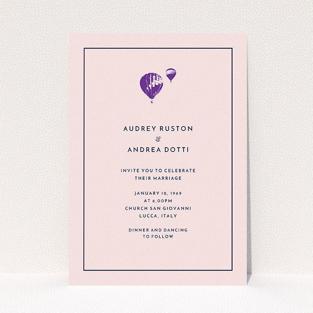 A wedding invite card called "Off and away". It is an A5 invite in a portrait orientation. "Off and away" is available as a flat invite, with tones of pink, purple and midnight blue.