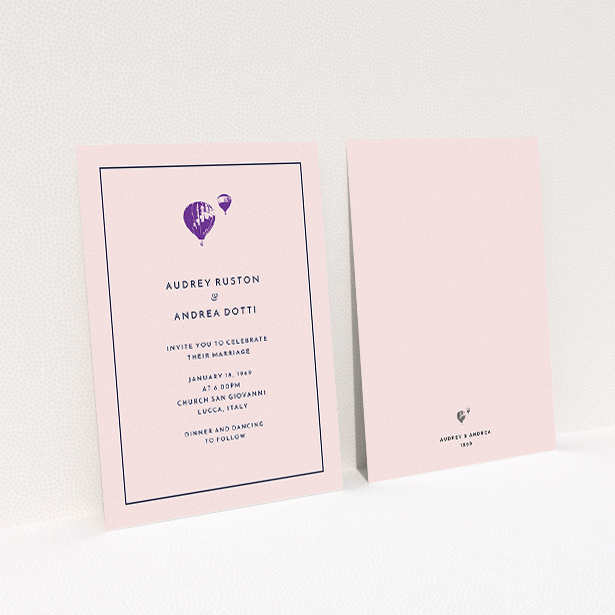 A wedding invite card called "Off and away". It is an A5 invite in a portrait orientation. "Off and away" is available as a flat invite, with tones of pink, purple and midnight blue.