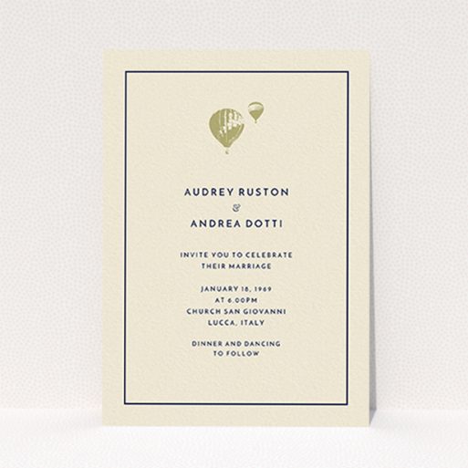 A wedding invite card design called "Off and away". It is an A6 invite in a portrait orientation. "Off and away" is available as a flat invite, with tones of cream and gold.