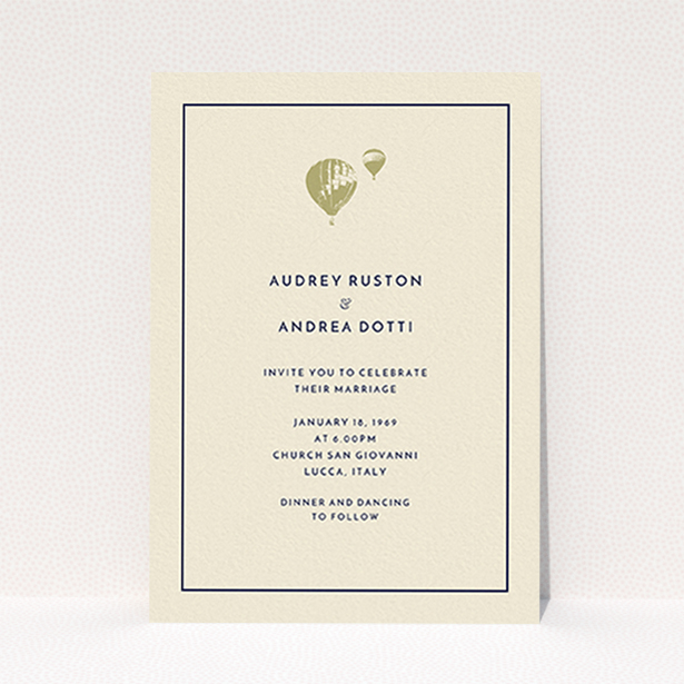 A wedding invite card design called "Off and away". It is an A6 invite in a portrait orientation. "Off and away" is available as a flat invite, with tones of cream and gold.
