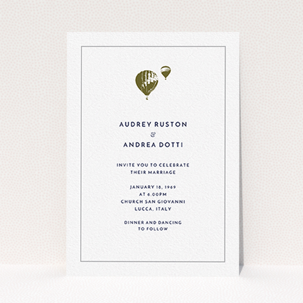 A wedding invite card template titled "Off and away". It is an A6 invite in a portrait orientation. "Off and away" is available as a flat invite, with mainly white colouring.