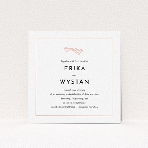 A wedding invite card template titled "Olive branch stamp". It is a square (148mm x 148mm) invite in a square orientation. "Olive branch stamp" is available as a flat invite, with tones of white and pink.