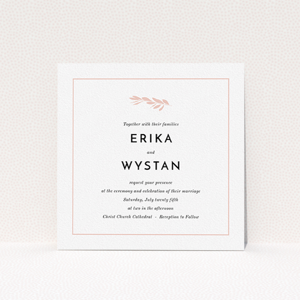 A wedding invite card template titled "Olive branch stamp". It is a square (148mm x 148mm) invite in a square orientation. "Olive branch stamp" is available as a flat invite, with tones of white and pink.