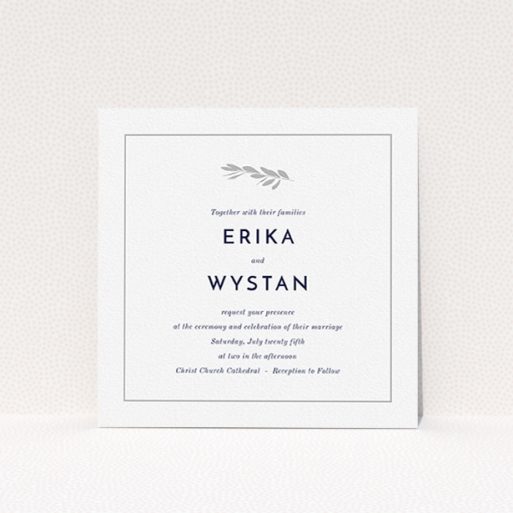 A wedding invite card design titled "Olive branch stamp". It is a square (148mm x 148mm) invite in a square orientation. "Olive branch stamp" is available as a flat invite, with tones of white and grey.