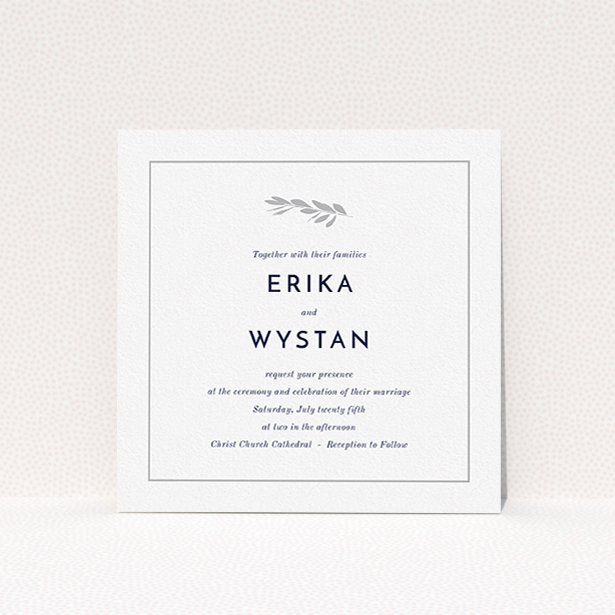 A wedding invite card design titled "Olive branch stamp". It is a square (148mm x 148mm) invite in a square orientation. "Olive branch stamp" is available as a flat invite, with tones of white and grey.