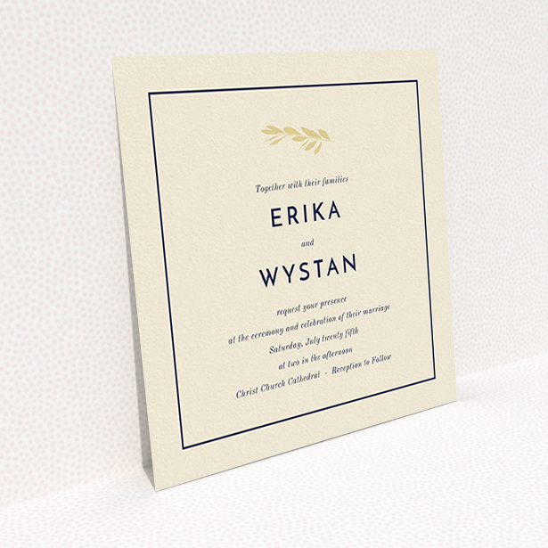 A wedding invite card design titled "Olive branch stamp". It is a square (148mm x 148mm) invite in a square orientation. "Olive branch stamp" is available as a flat invite, with tones of cream and navy blue.