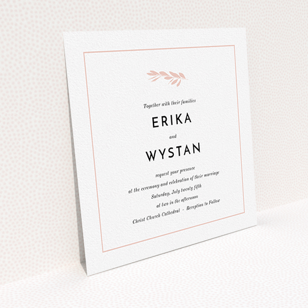 A wedding invite card template titled "Olive branch stamp". It is a square (148mm x 148mm) invite in a square orientation. "Olive branch stamp" is available as a flat invite, with tones of white and pink.
