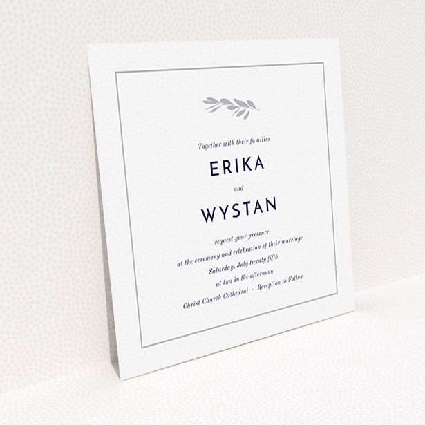 A wedding invite card design titled "Olive branch stamp". It is a square (148mm x 148mm) invite in a square orientation. "Olive branch stamp" is available as a flat invite, with tones of white and grey.
