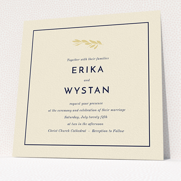A wedding invite card design titled "Olive branch stamp". It is a square (148mm x 148mm) invite in a square orientation. "Olive branch stamp" is available as a flat invite, with tones of cream and navy blue.