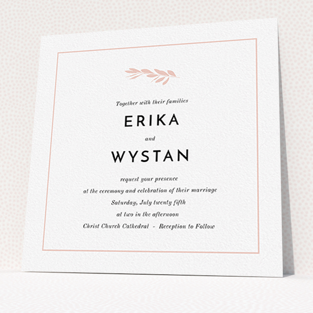 A wedding invite card template titled "Olive branch stamp". It is a square (148mm x 148mm) invite in a square orientation. "Olive branch stamp" is available as a flat invite, with tones of white and pink.