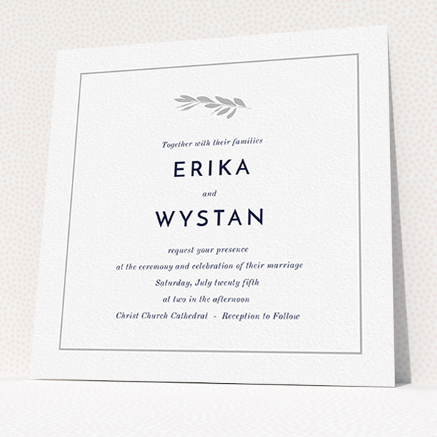 A wedding invite card design titled "Olive branch stamp". It is a square (148mm x 148mm) invite in a square orientation. "Olive branch stamp" is available as a flat invite, with tones of white and grey.