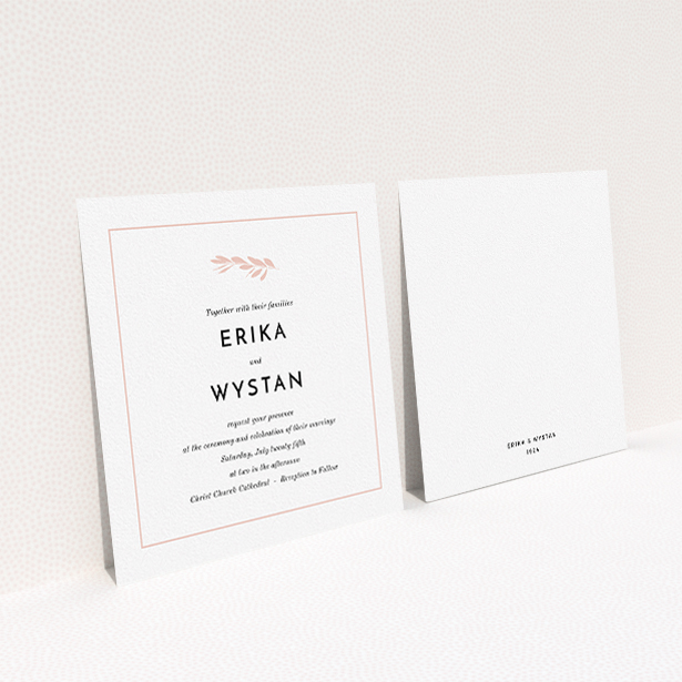 A wedding invite card template titled "Olive branch stamp". It is a square (148mm x 148mm) invite in a square orientation. "Olive branch stamp" is available as a flat invite, with tones of white and pink.