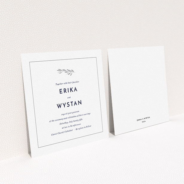 A wedding invite card design titled "Olive branch stamp". It is a square (148mm x 148mm) invite in a square orientation. "Olive branch stamp" is available as a flat invite, with tones of white and grey.
