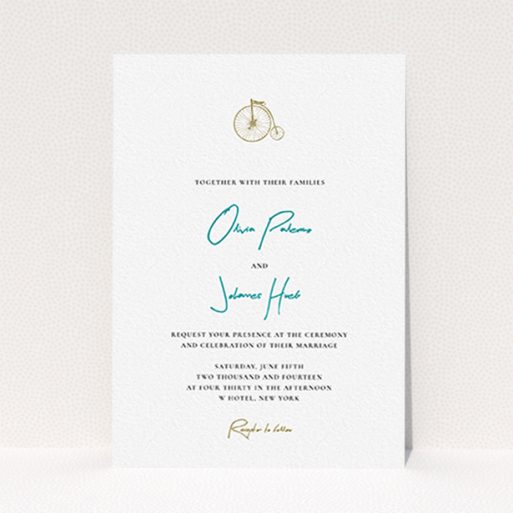 A wedding invite card called "On your bike new". It is an A6 invite in a portrait orientation. "On your bike new" is available as a flat invite, with tones of white and green.