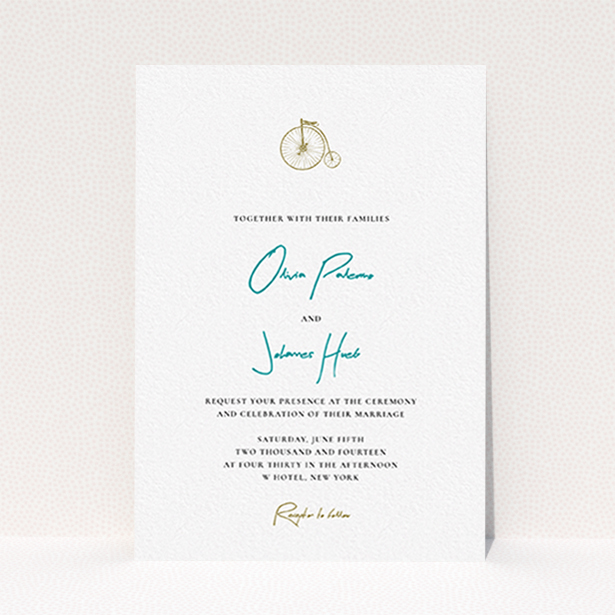 A wedding invite card called "On your bike new". It is an A6 invite in a portrait orientation. "On your bike new" is available as a flat invite, with tones of white and green.