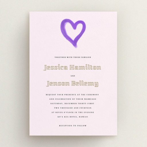 A wedding invite card template titled "One little heart". It is an A5 invite in a portrait orientation. "One little heart" is available as a flat invite, with mainly purple/dark pink colouring.