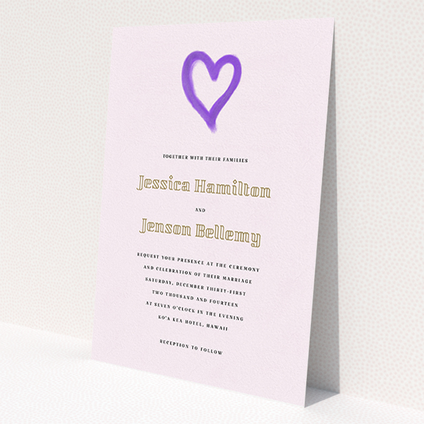 A wedding invite card template titled "One little heart". It is an A5 invite in a portrait orientation. "One little heart" is available as a flat invite, with mainly purple/dark pink colouring.