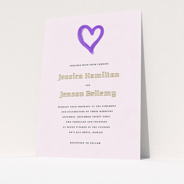 A wedding invite card template titled "One little heart". It is an A5 invite in a portrait orientation. "One little heart" is available as a flat invite, with mainly purple/dark pink colouring.