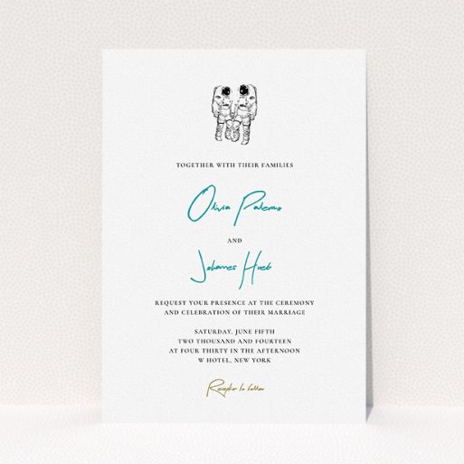 A wedding invite card design called "One small step". It is an A5 invite in a portrait orientation. "One small step" is available as a flat invite, with tones of white and blue.