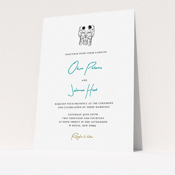 A wedding invite card design called "One small step". It is an A5 invite in a portrait orientation. "One small step" is available as a flat invite, with tones of white and blue.