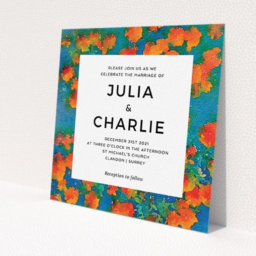 A wedding invite card called 'Orange Bloom'. It is a square (148mm x 148mm) invite in a square orientation. 'Orange Bloom' is available as a flat invite, with tones of orange, blue and green.
