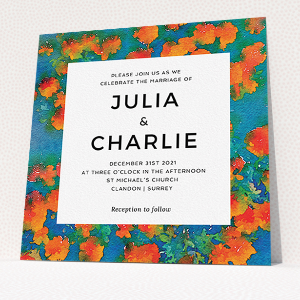 A wedding invite card called "Orange Bloom". It is a square (148mm x 148mm) invite in a square orientation. "Orange Bloom" is available as a flat invite, with tones of orange, blue and green.