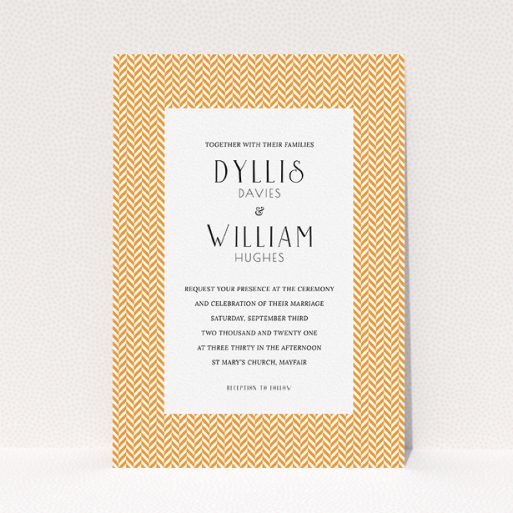 A wedding invite card called "Orange Houndstooth". It is an A5 invite in a portrait orientation. "Orange Houndstooth" is available as a flat invite, with tones of orange and white.