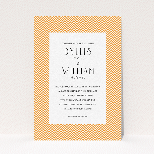 A wedding invite card called "Orange Houndstooth". It is an A5 invite in a portrait orientation. "Orange Houndstooth" is available as a flat invite, with tones of orange and white.