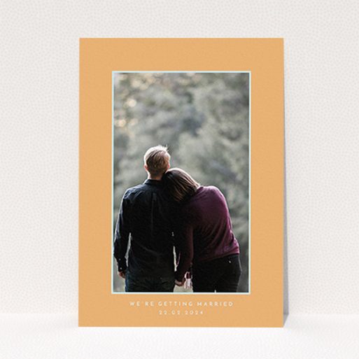 A wedding invite card design named "Orange Mint Photo Frame". It is an A6 invite in a portrait orientation. It is a photographic wedding invite card with room for 1 photo. "Orange Mint Photo Frame" is available as a flat invite, with tones of orange and blue.