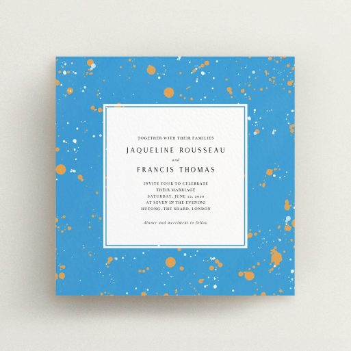 A wedding invite card design titled "Orange Splatters". It is a square (148mm x 148mm) invite in a square orientation. "Orange Splatters" is available as a flat invite, with tones of light blue and orange.