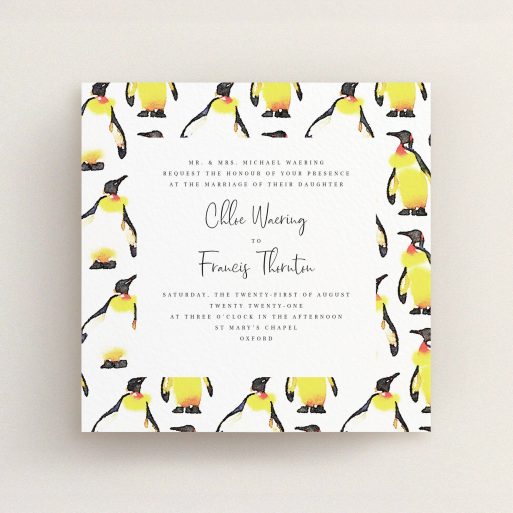 A wedding invite card design named "Penguins". It is a square (148mm x 148mm) invite in a square orientation. "Penguins" is available as a flat invite, with tones of white, yellow and black.