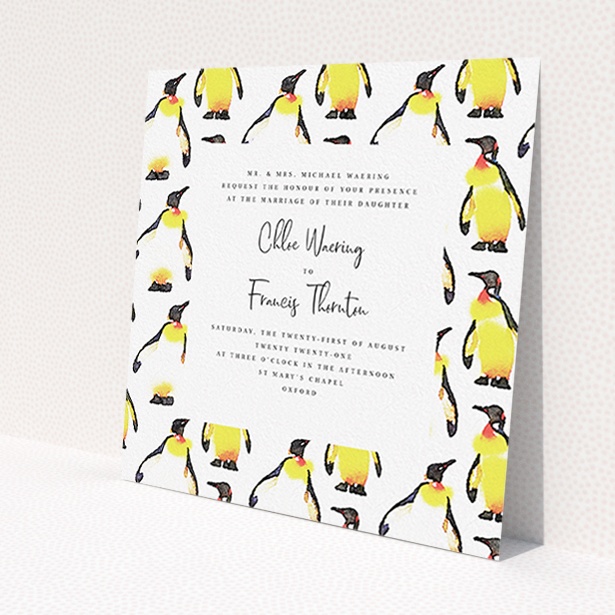 A wedding invite card design named 'Penguins'. It is a square (148mm x 148mm) invite in a square orientation. 'Penguins' is available as a flat invite, with tones of white, yellow and black.