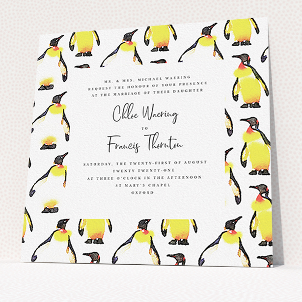 A wedding invite card design named "Penguins". It is a square (148mm x 148mm) invite in a square orientation. "Penguins" is available as a flat invite, with tones of white, yellow and black.