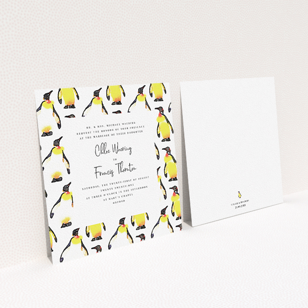 A wedding invite card design named "Penguins". It is a square (148mm x 148mm) invite in a square orientation. "Penguins" is available as a flat invite, with tones of white, yellow and black.