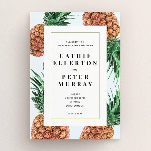 A wedding invite card design named "Pineapples falling". It is an A5 invite in a portrait orientation. "Pineapples falling" is available as a flat invite, with tones of light blue and green.