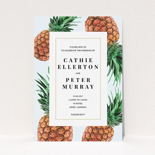 A wedding invite card design named "Pineapples falling". It is an A5 invite in a portrait orientation. "Pineapples falling" is available as a flat invite, with tones of light blue and green.
