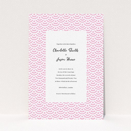 A wedding invite card design titled "Pink Fans". It is an A6 invite in a portrait orientation. "Pink Fans" is available as a flat invite, with tones of pink and white.
