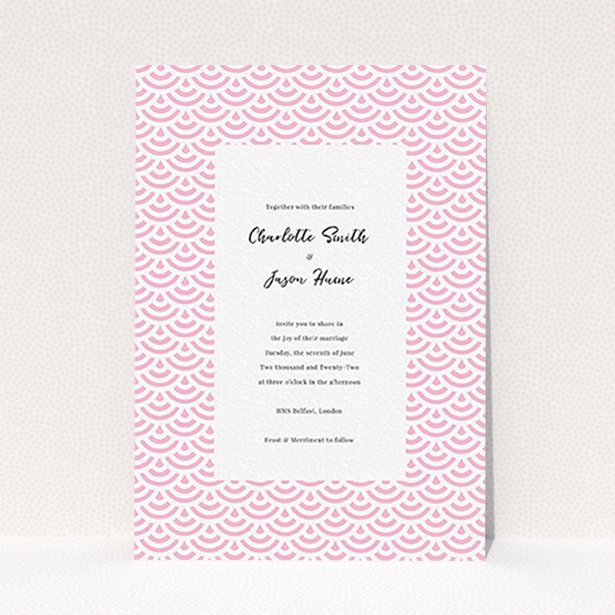 A wedding invite card design titled "Pink Fans". It is an A6 invite in a portrait orientation. "Pink Fans" is available as a flat invite, with tones of pink and white.