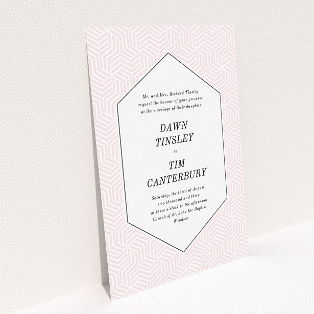 A wedding invite card called "Pink geometric maze". It is an A5 invite in a portrait orientation. "Pink geometric maze" is available as a flat invite, with tones of pink and white.